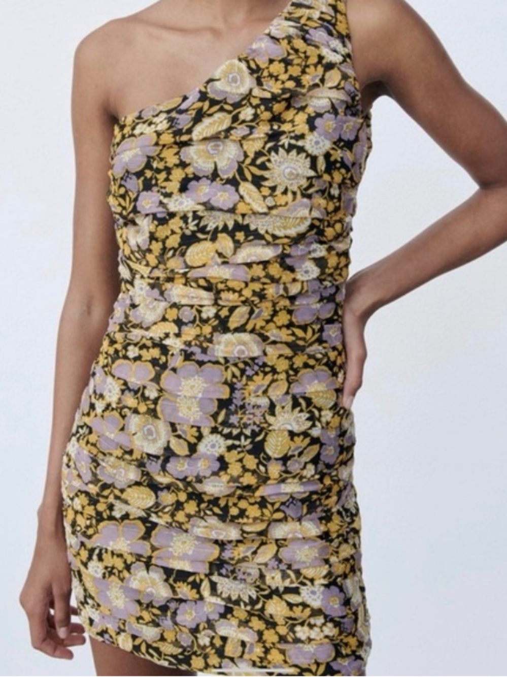 Zara One-Shoulder Floral Dress in Black, Purple, and Gold